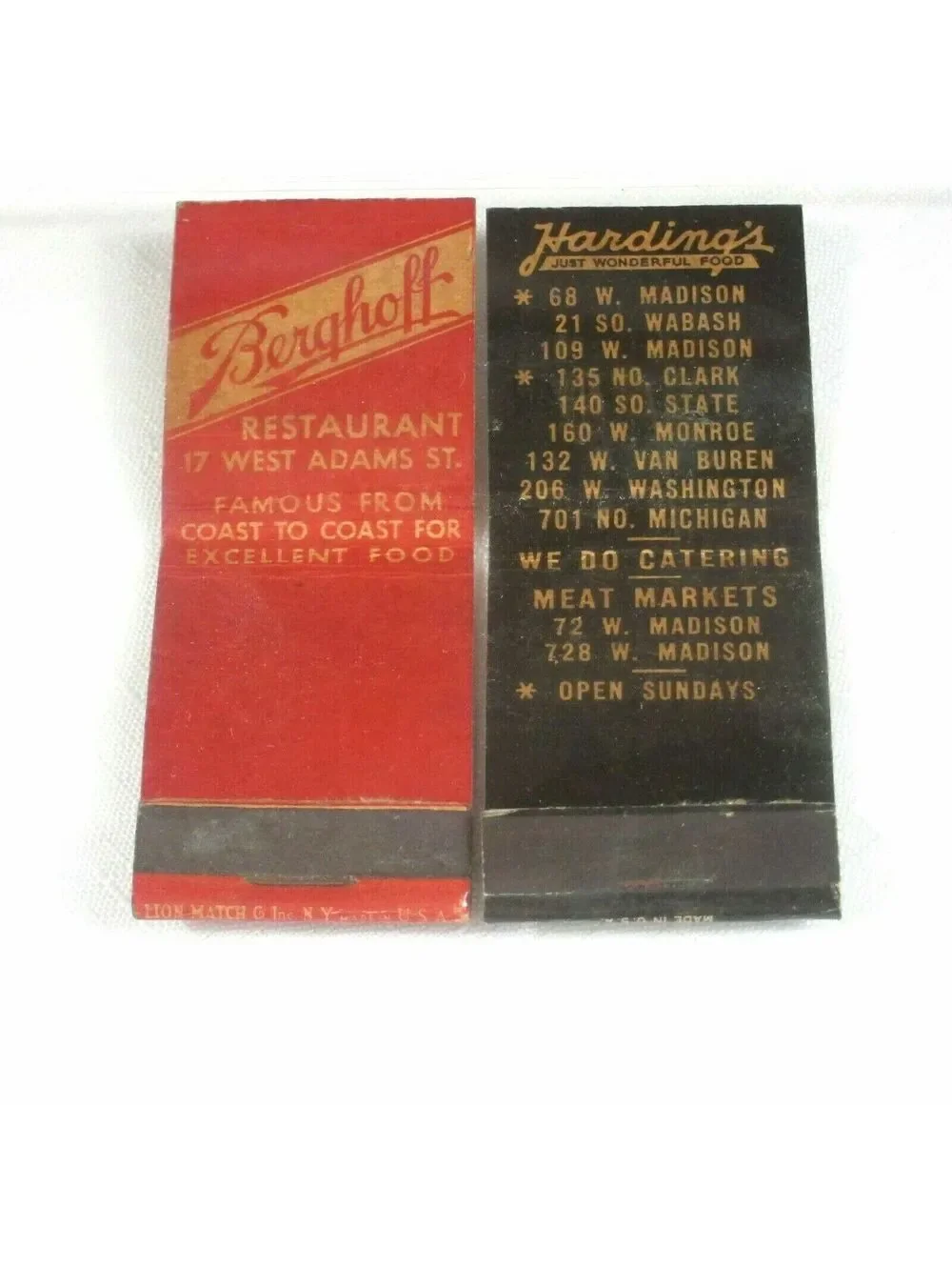 2 Vintage Matchbook Covers Harding's & The Berghoff Restuarant, Chicago Illinois